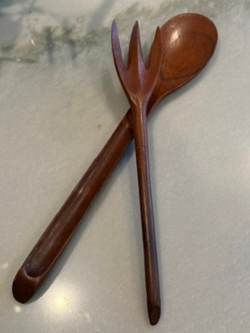 Vintage Wooden Salad Servers Set Spoon and Fork Carved Handles Brown Wood
